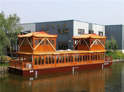 亚太木船可定制双层电动餐饮画舫船前后封闭亭观光景区旅游船